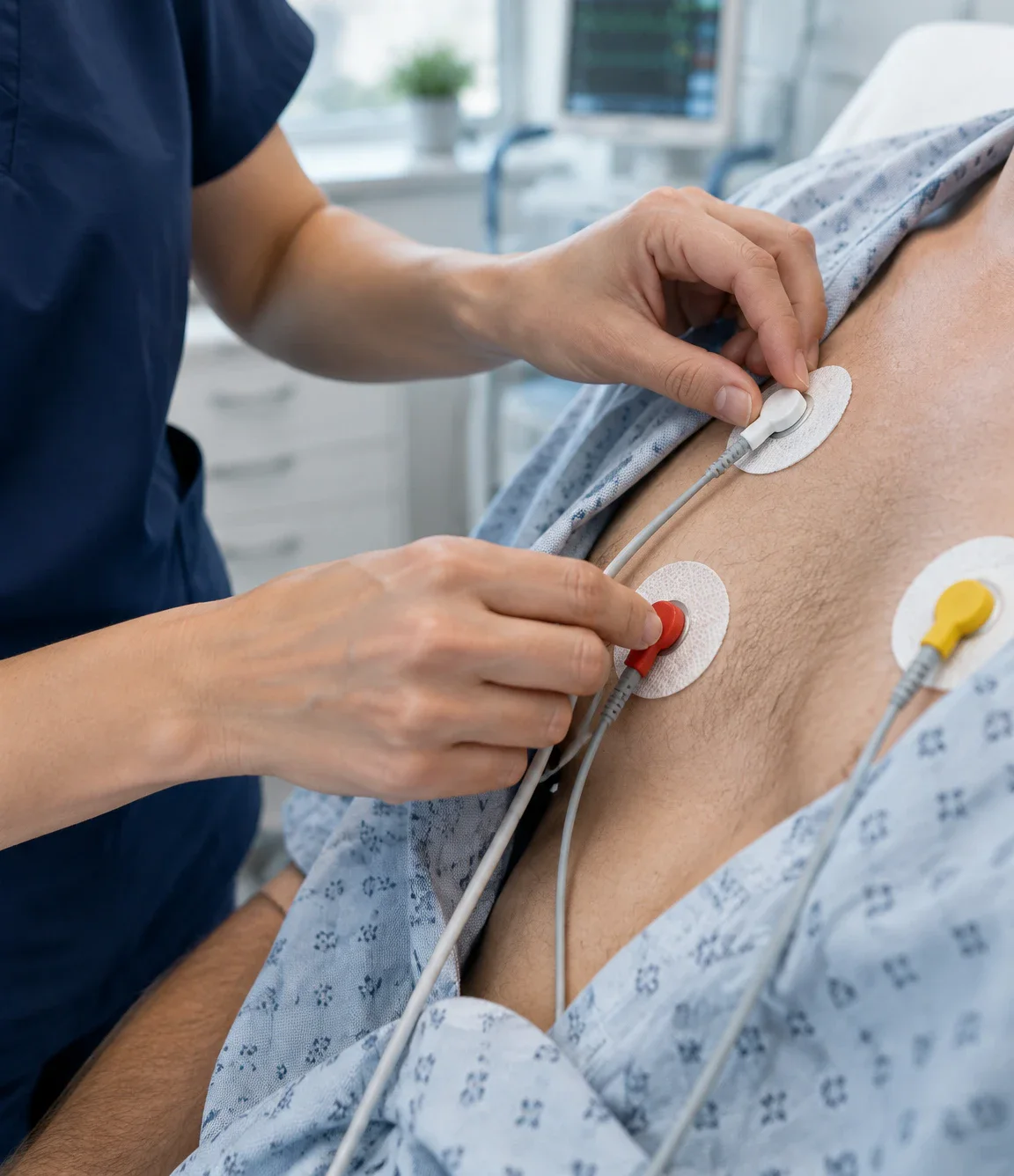 Colocación de electrodos para un electrocardiograma, sin mostrar el rostro del paciente