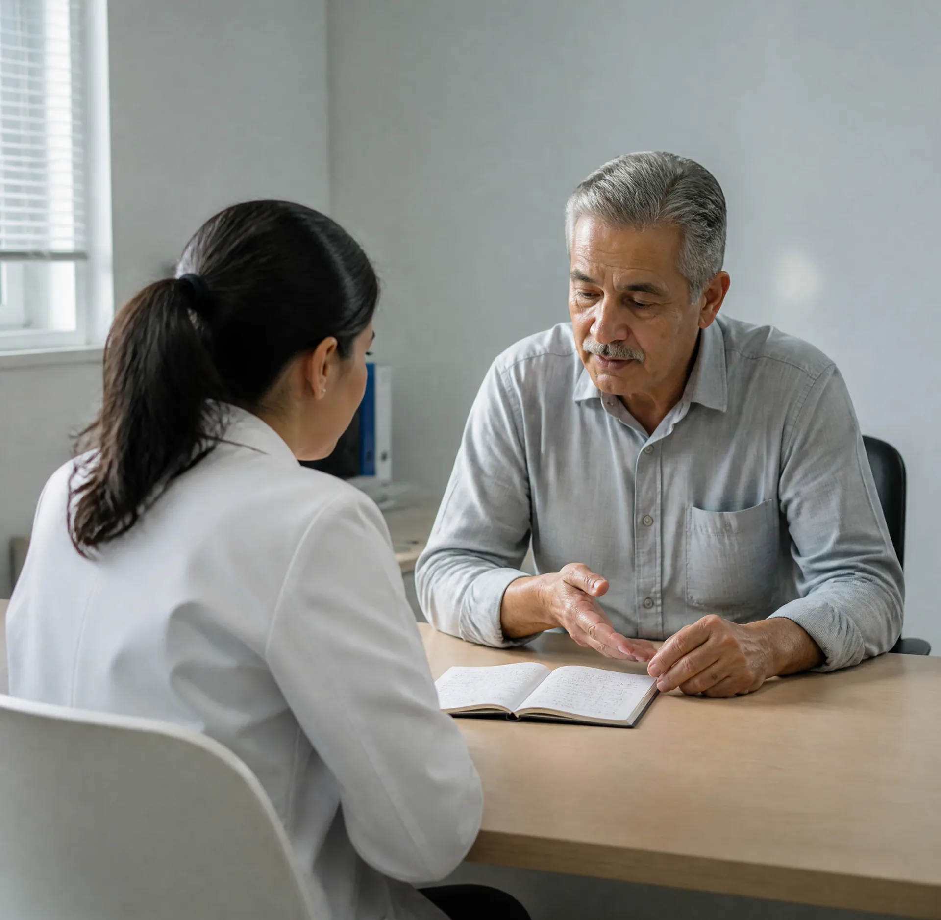 Cardiólogo revisando con un paciente el registro de sus episodios de angina
