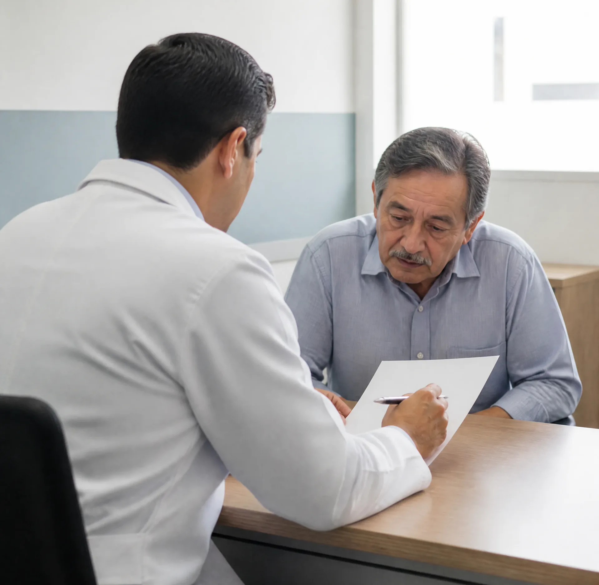 Cardióloga revisando con un paciente su planilla de control de insuficiencia cardíaca